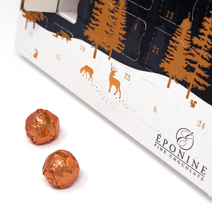Vegan Bronze Advent Calendar with 2 Wrapped Chocolates In Front