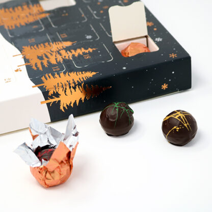 Vegan Bronze Advent Calendar Loose Chocolates Open Foil Overhead
