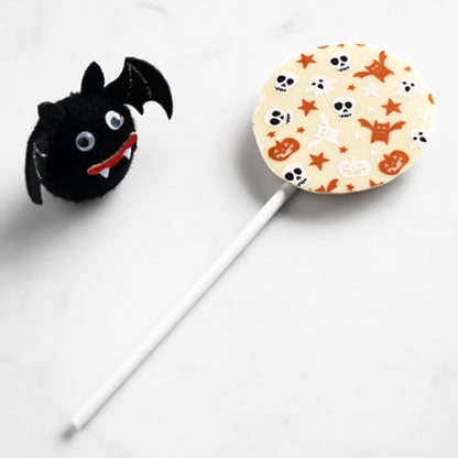 White Chocolate Halloween Lollipop with Seasonal Pattern Cheeky Bat Overhead