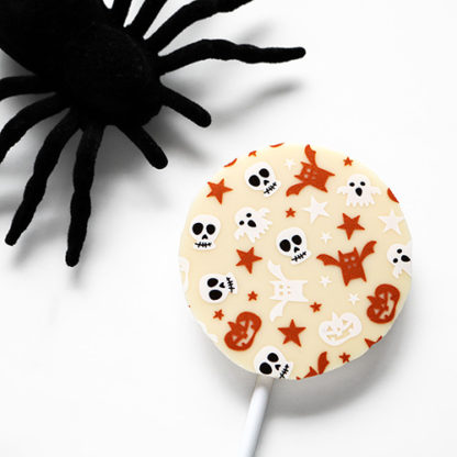 White Chocolate Halloween Lollipop with Spooky Spider Angled Close Up