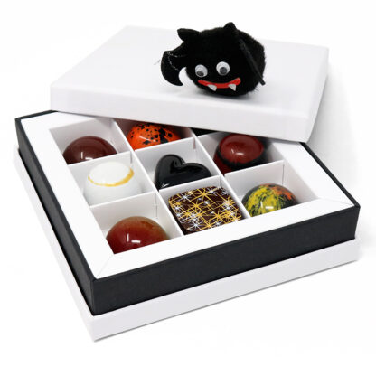 Halloween Chocolate Selection Open with Lid Angled with Bat