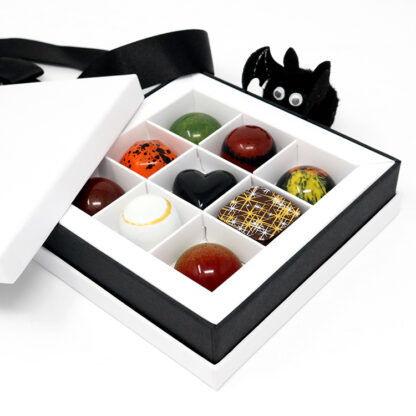 Halloween Chocolate Selection Open with Lid and Ribbon with Bat