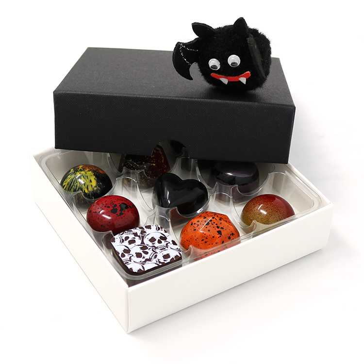 Halloween Chocolate Selection Open Box Angled with Bat