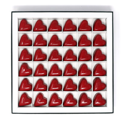 36 Piece Caramel & Gianduja Red Heart Chocolates Boxed Overhead