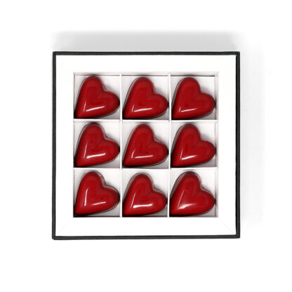 9 Piece Caramel & Gianduja Red Heart Chocolates Boxed Overhead