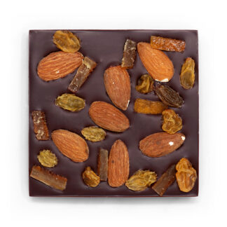 Orange and Almond Dark Chocolate Bar Unboxed Overhead Close Up