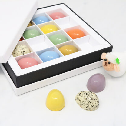 16 Piece Easter Egg Chocolates Boxed and Unboxed Angled with Stanley